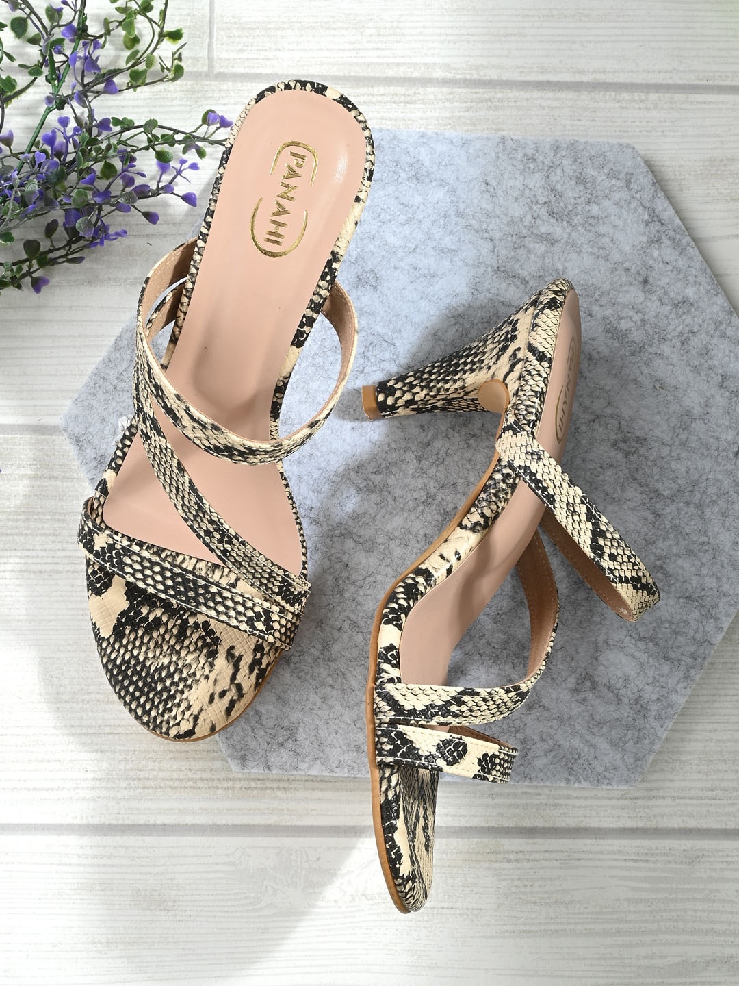 

PANAHI Printed Strappy Slim Heels, Cream