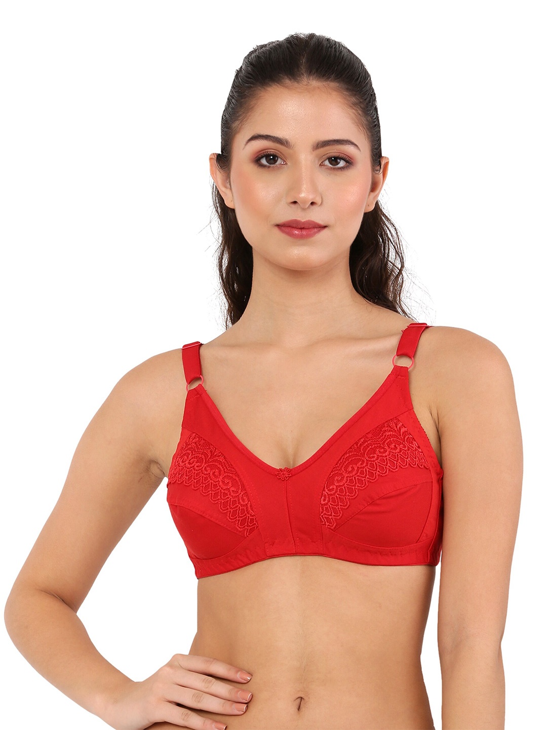 

Piylu Non-Wired Non-Padded Medium Coverage Lace Bra, Red