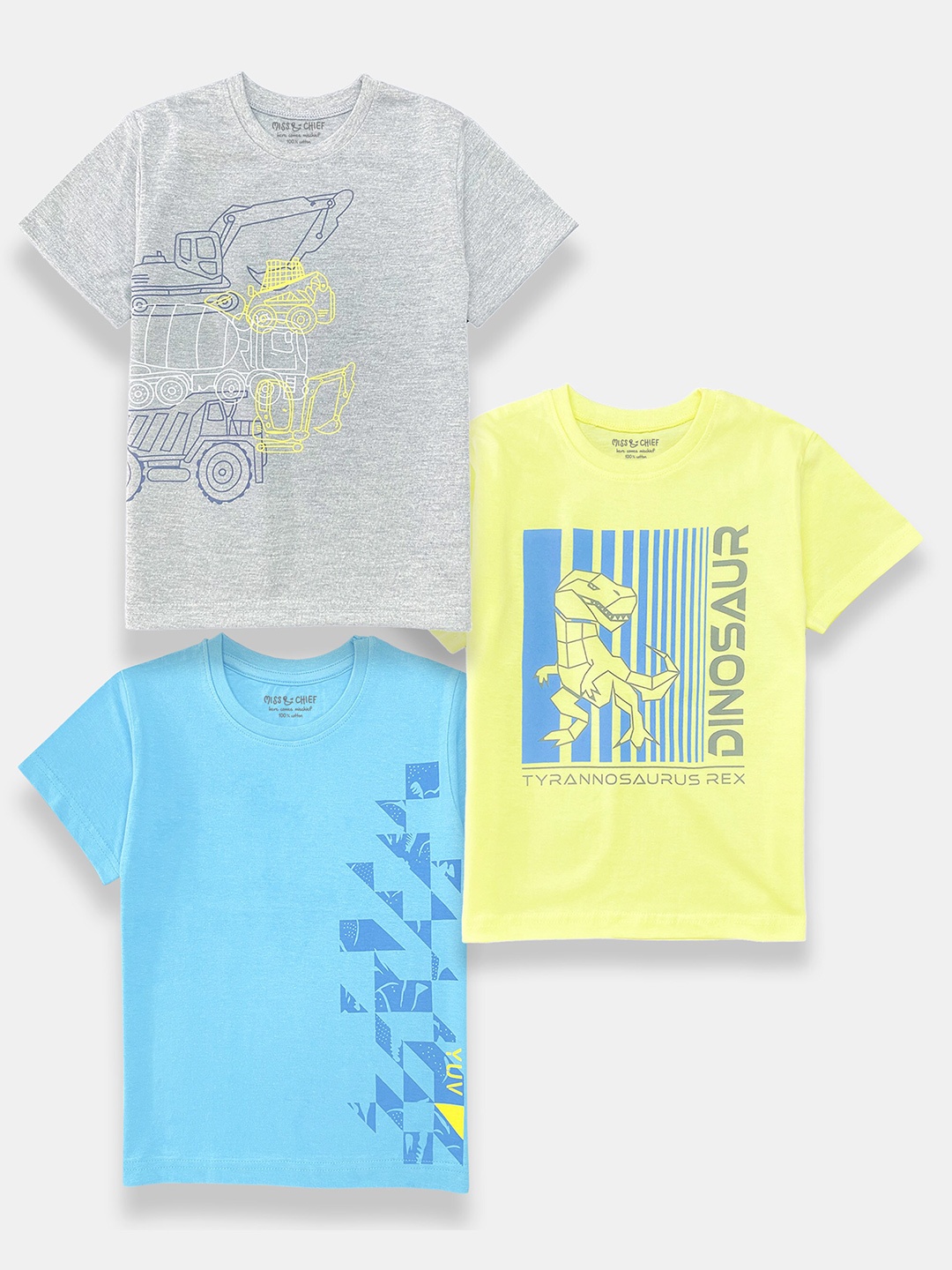 

Miss & Chief Boys Pack Of 3 Graphic Printed Pure Cotton T-shirt, Grey