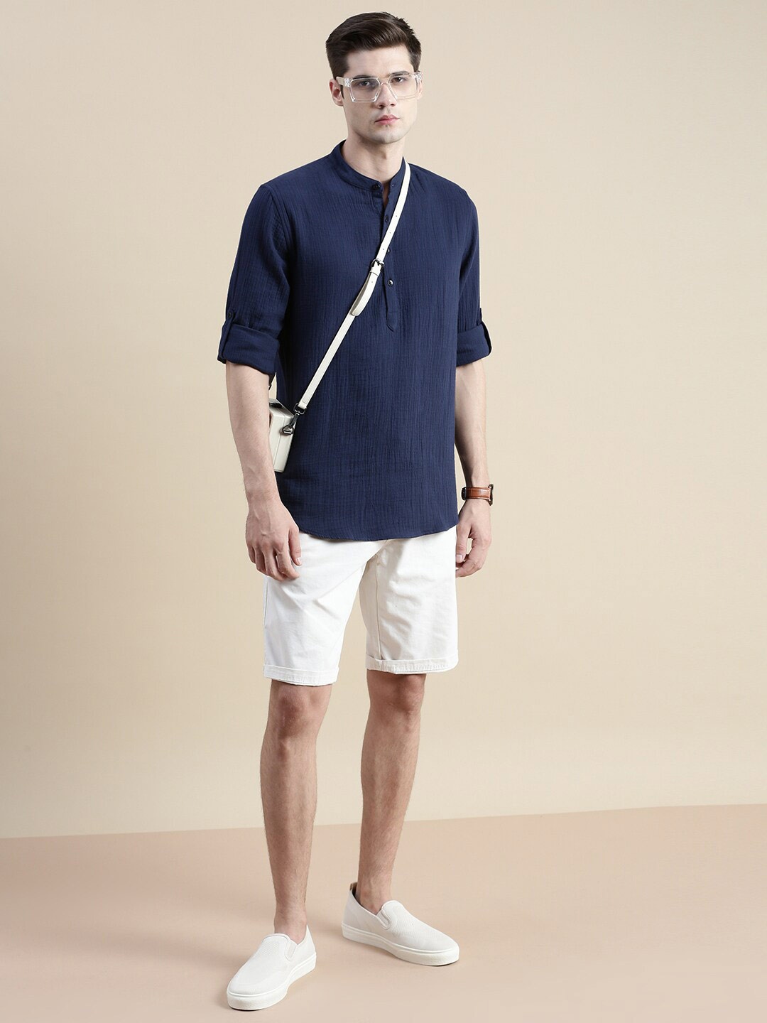 

INVICTUS Band Collar Comfort Slim Fit Cotton Casual Shirt, Navy blue