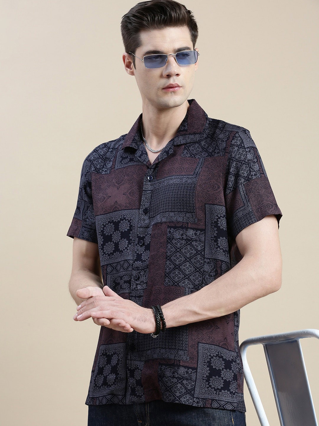 INVICTUS Ethnic Motifs Printed Comfort Slim Fit Casual Shirt, Grey