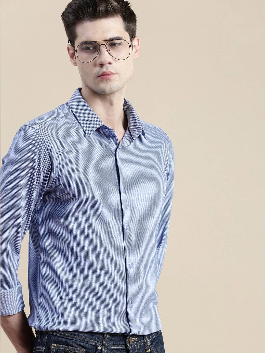 

INVICTUS Textured Self Design Comfort Slim Fit Knit Cotton Shirt, Blue