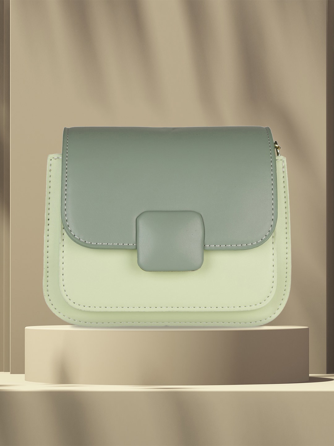 

MINI WESST Colourblocked PU Structured Sling Bag, Green