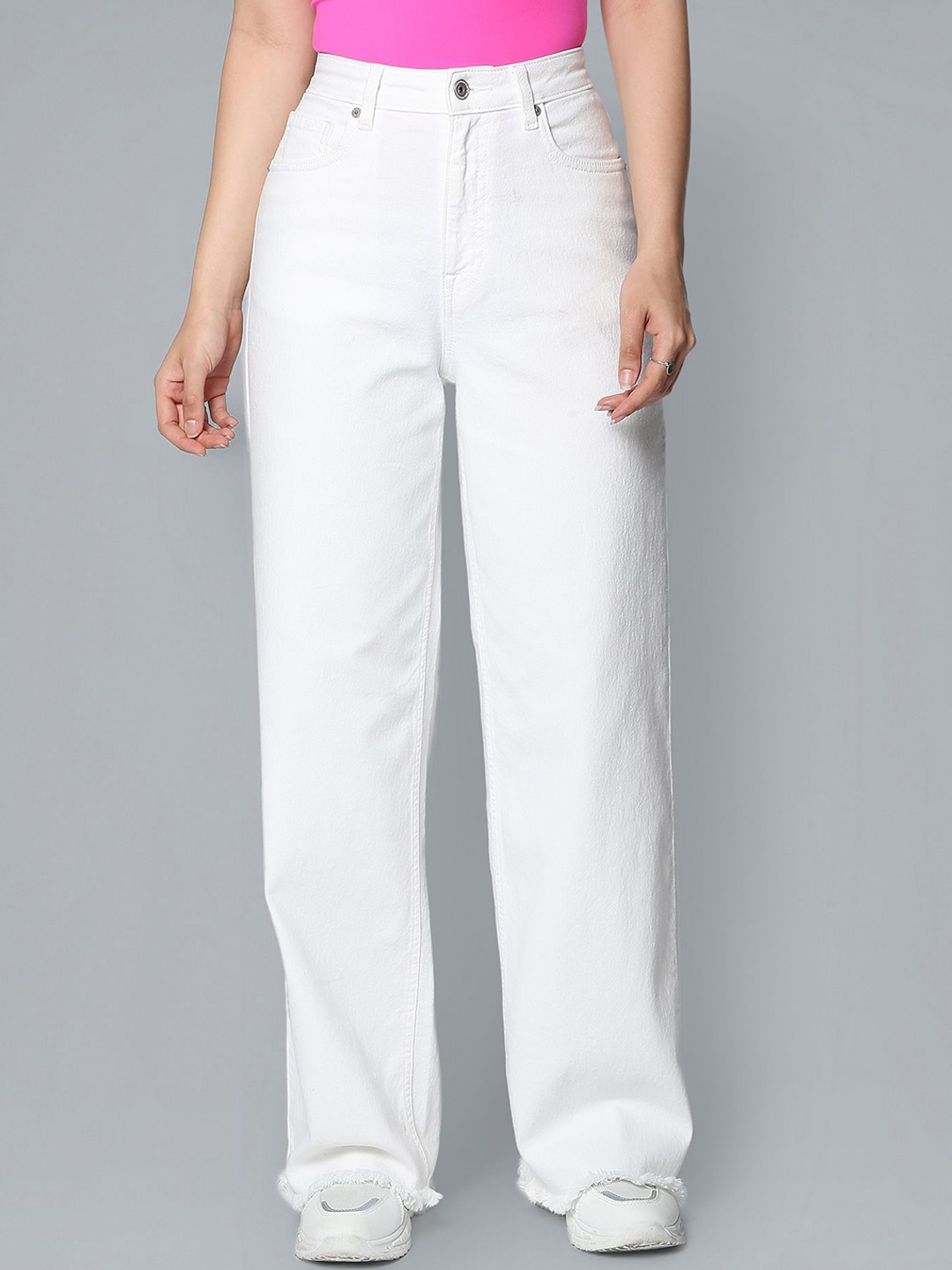 

Flying Machine Women Wide Leg High-Rise Low Distress Stretchable Jeans, White