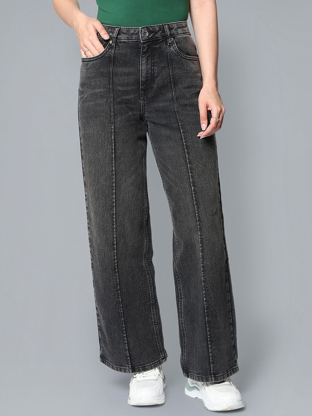 

Flying Machine Women Wide Leg Heavy Fade Stretchable Jeans, Grey