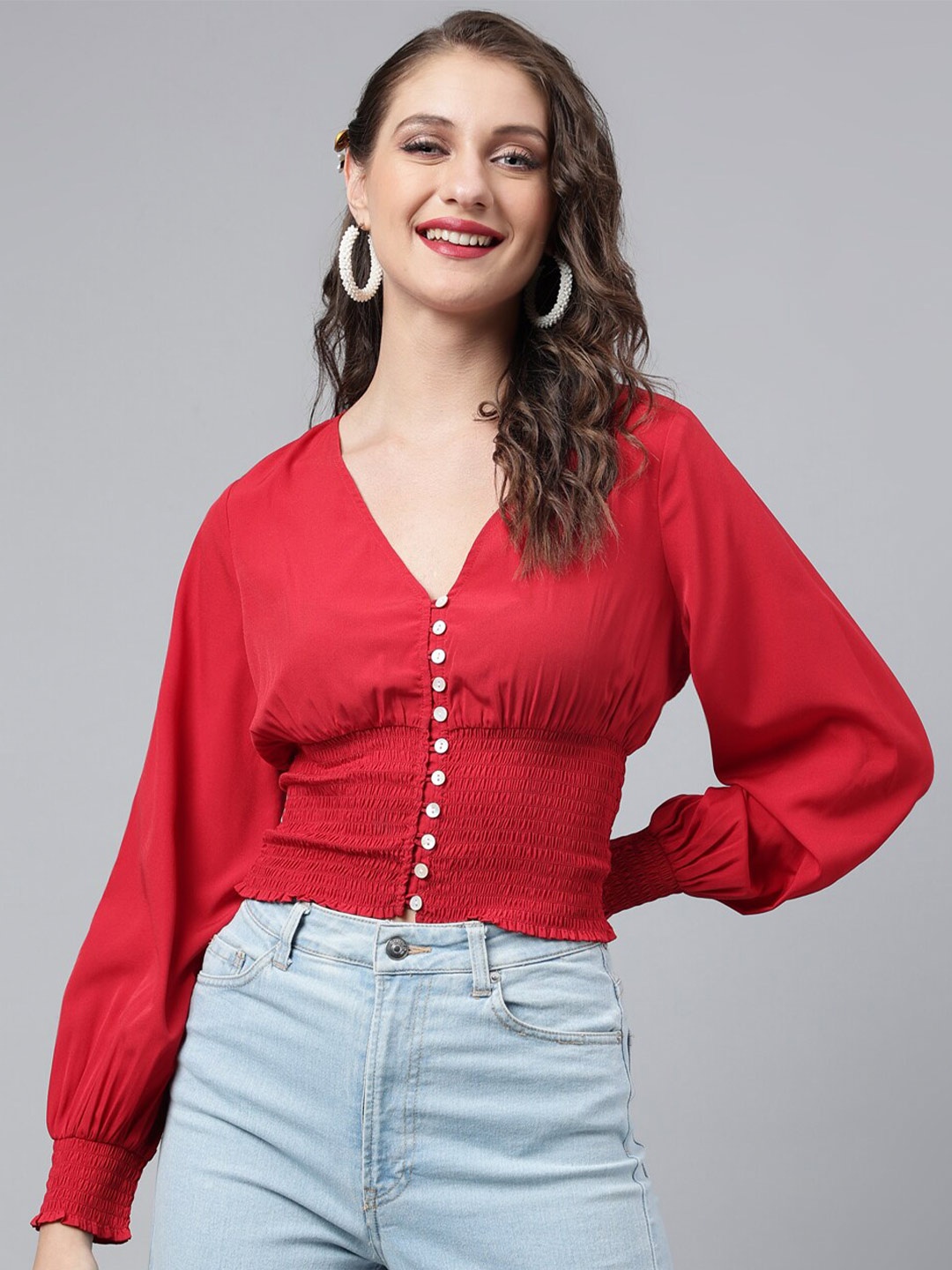 

pinwheel V-Neck Puffed Sleeves Crop Top, Red