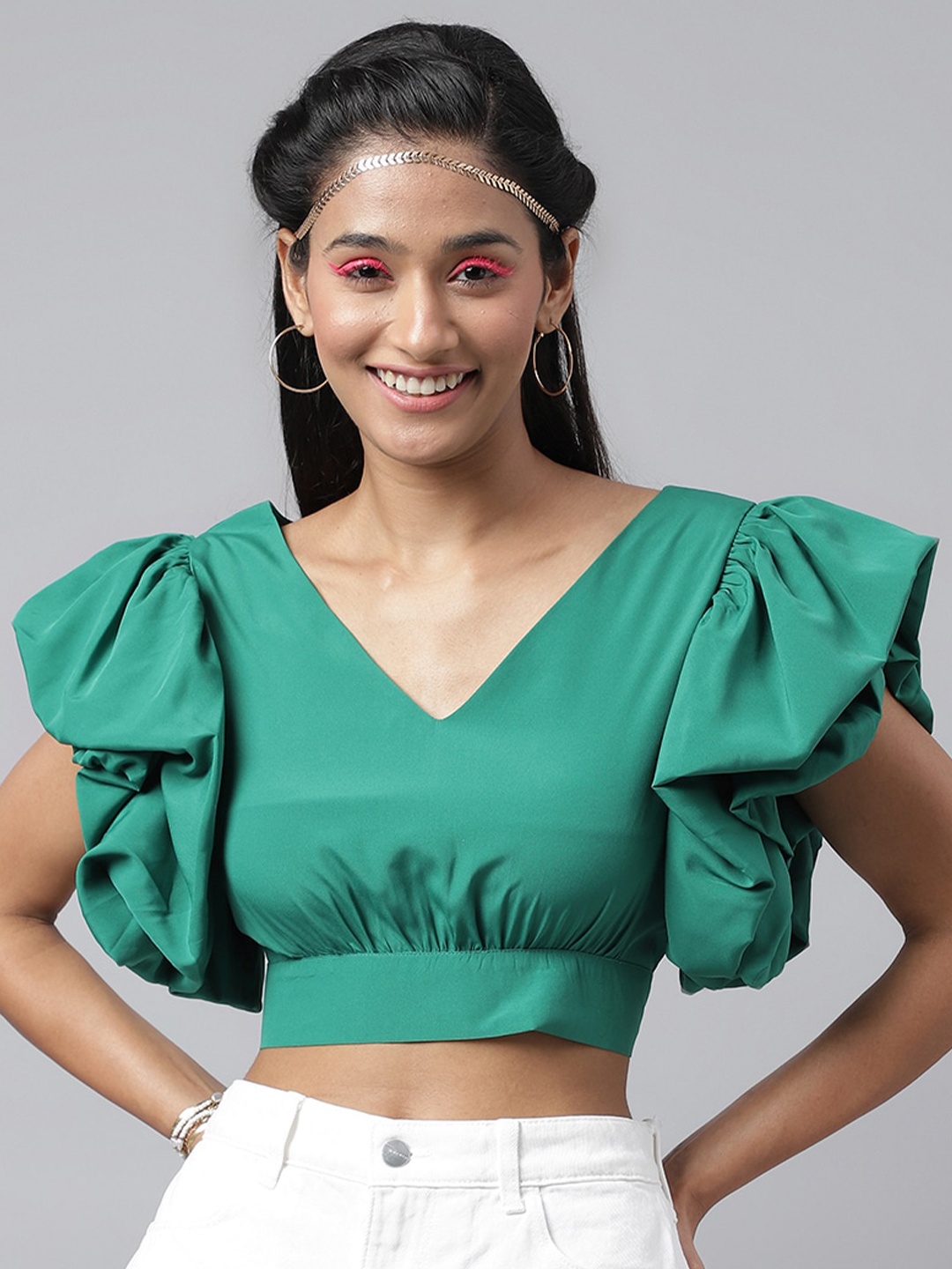 

pinwheel V-Neck Flutter Sleeve Crop Top, Green