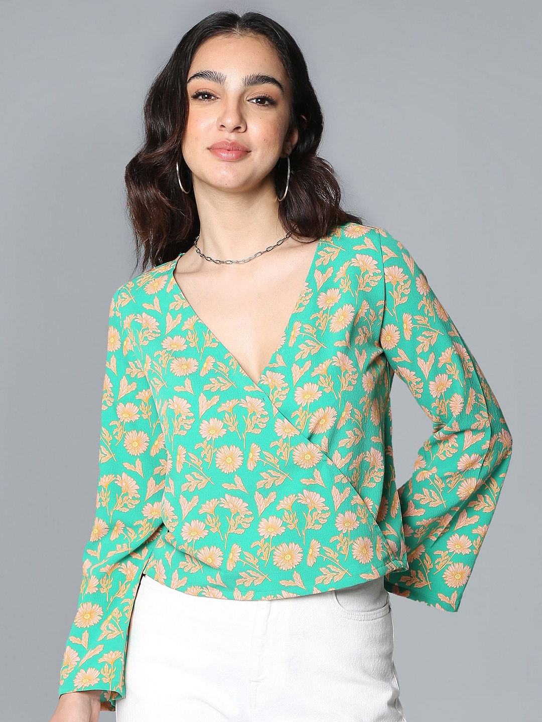 

Flying Machine Floral Printed Wrap Top, Green
