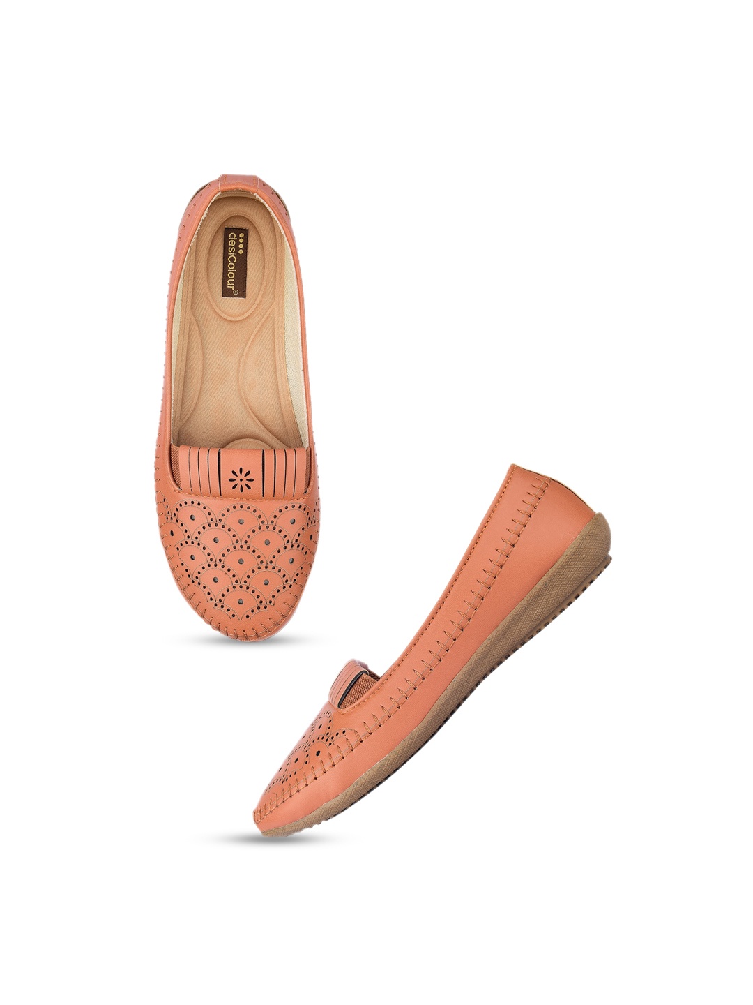 

DESI COLOUR Women Textured Ballerinas With Laser Cuts, Brown