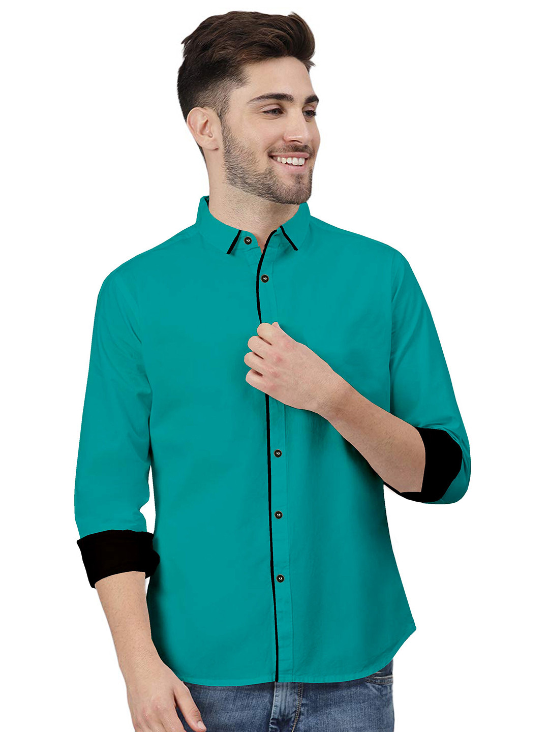 

ETHNIC TRENDZ Spread Collar Standard Twill Pure Cotton Shirt, Green