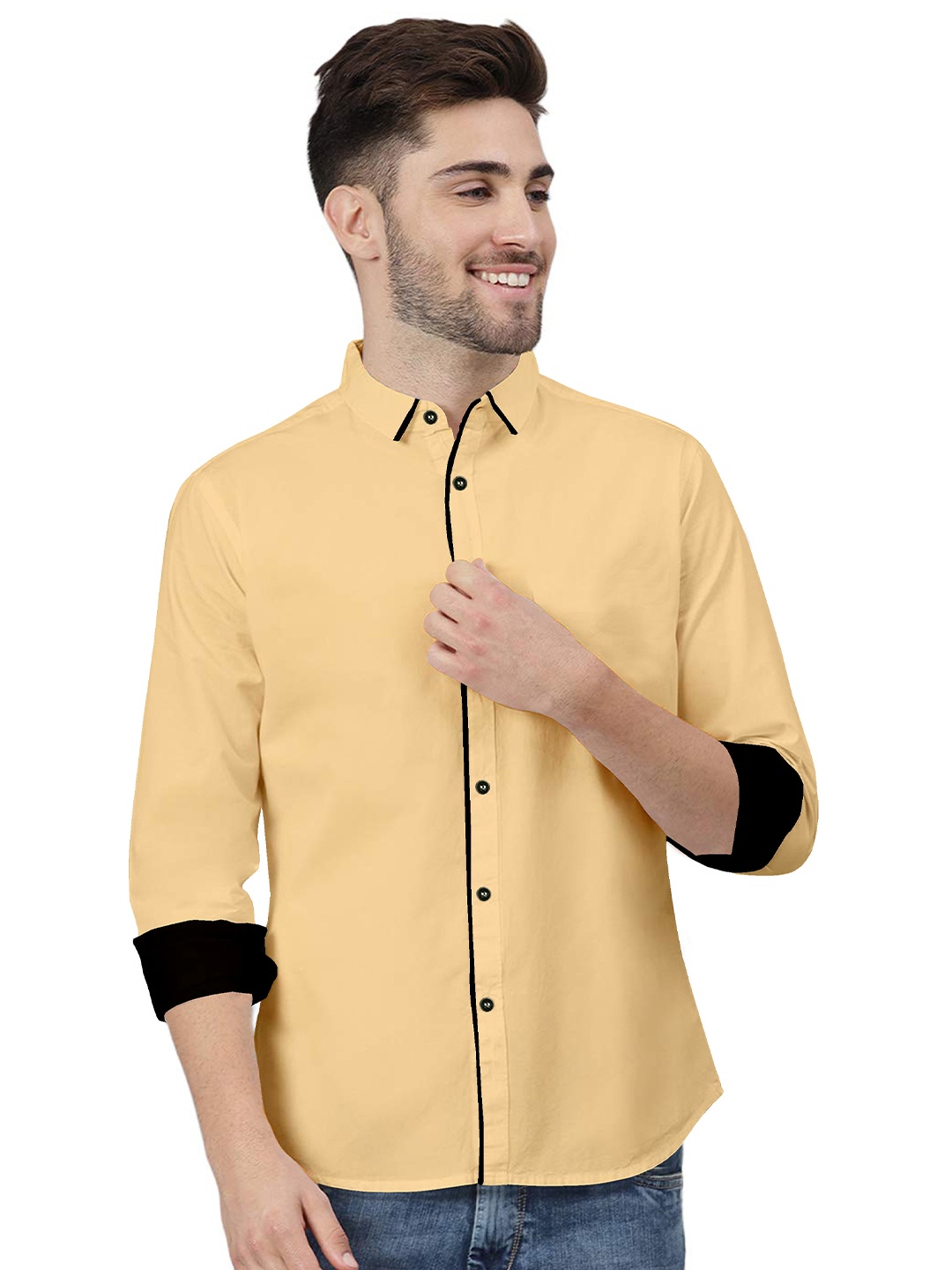 

ETHNIC TRENDZ Spread Collar Standard Twill Pure Cotton Shirt, Beige