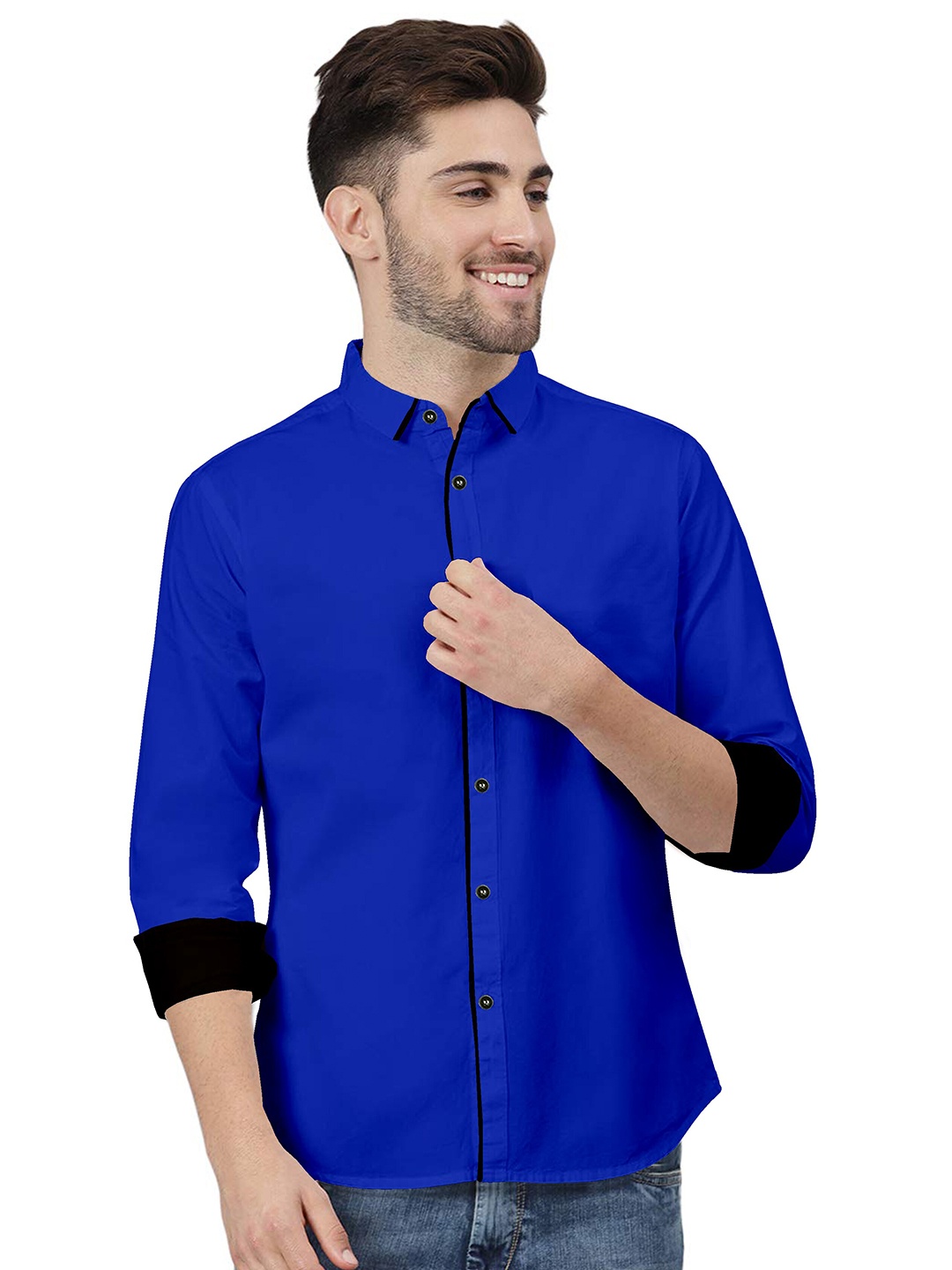 

ETHNIC TRENDZ Standard Fit Slim Collar Twill Pure Cotton Casual Shirt, Blue