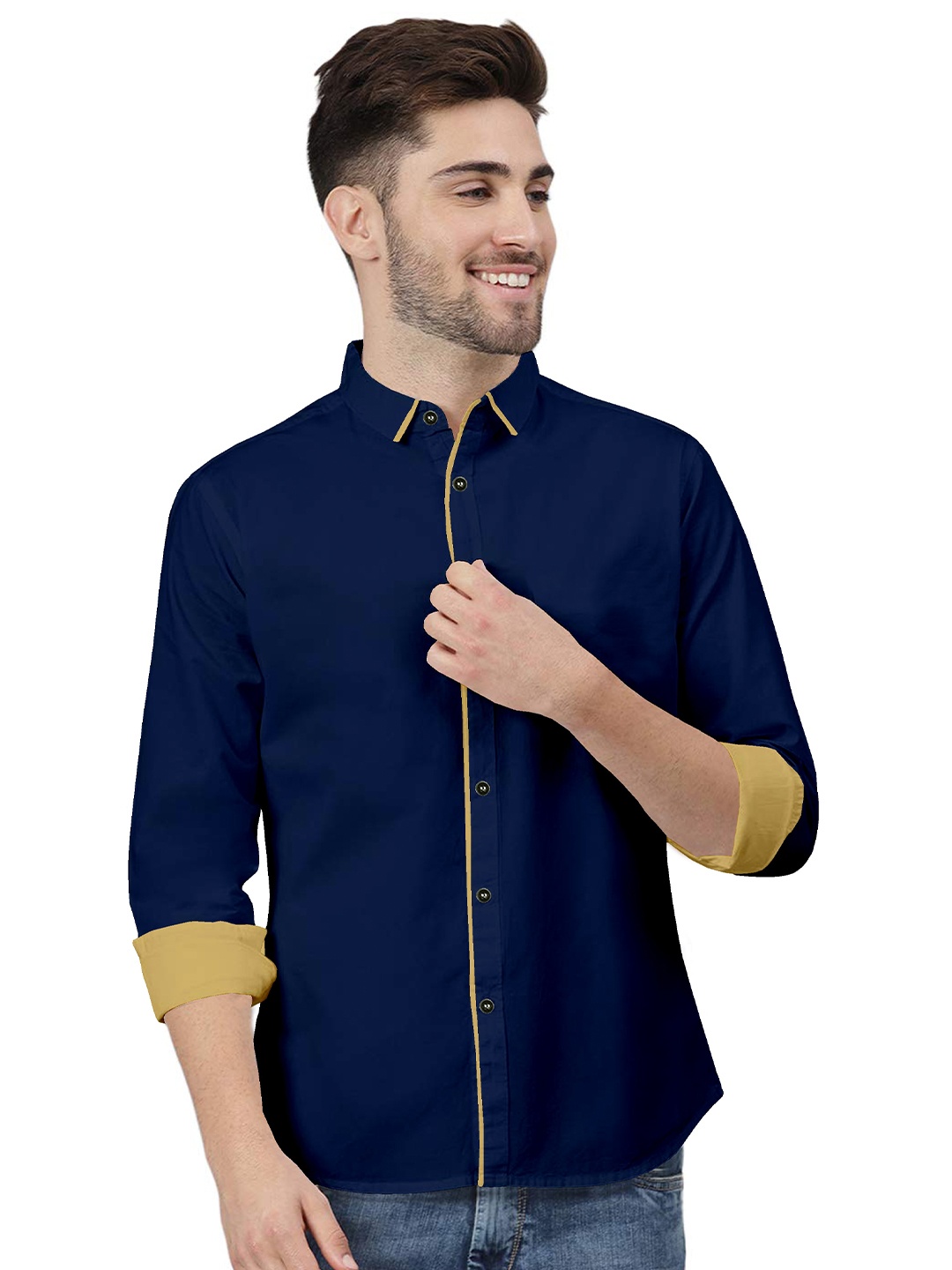

ETHNIC TRENDZ Standard Fit Slim Collar Twill Pure Cotton Casual Shirt, Navy blue