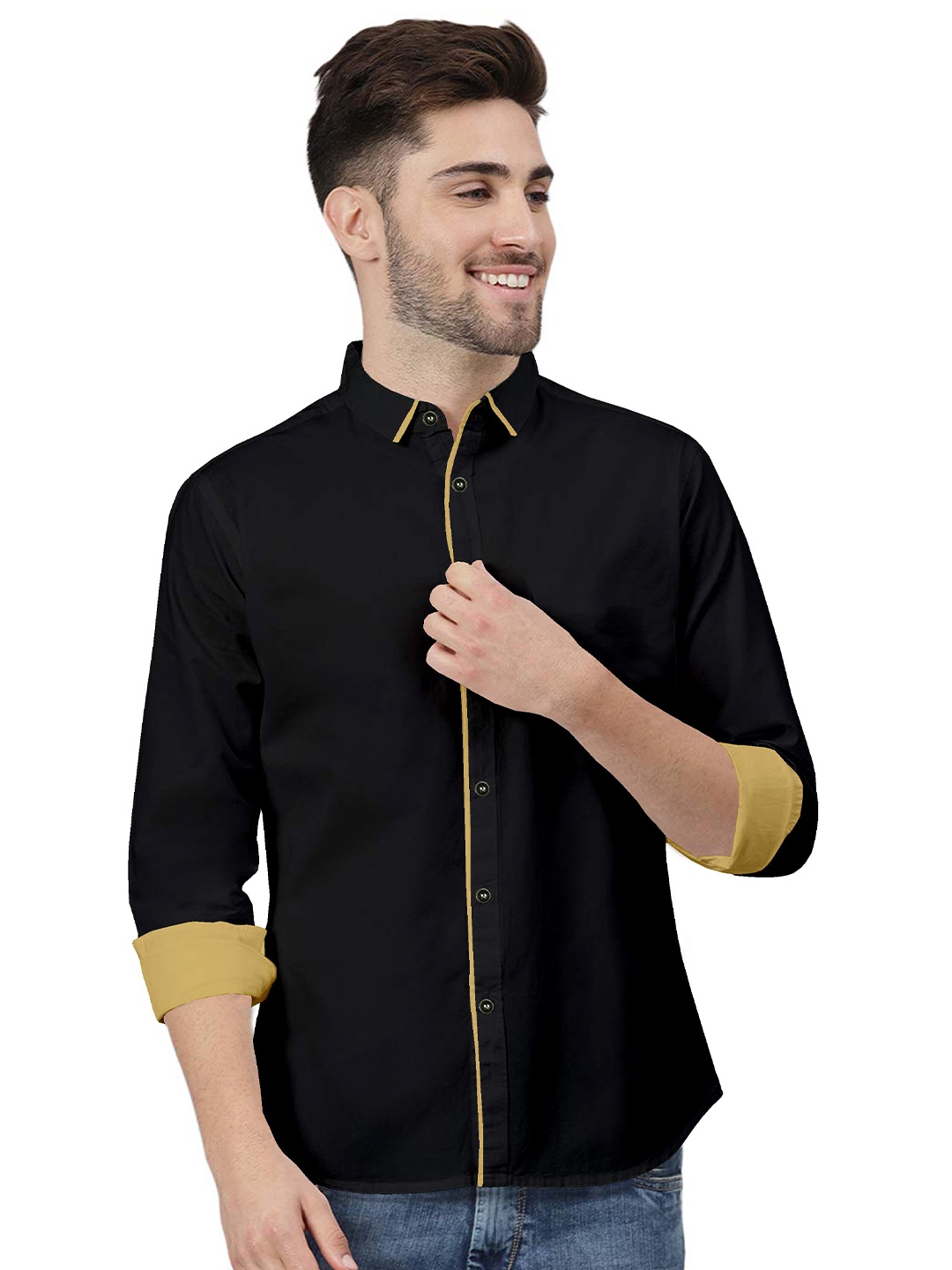 

ETHNIC TRENDZ Standard Fit Slim Collar Twill Pure Cotton Casual Shirt, Black