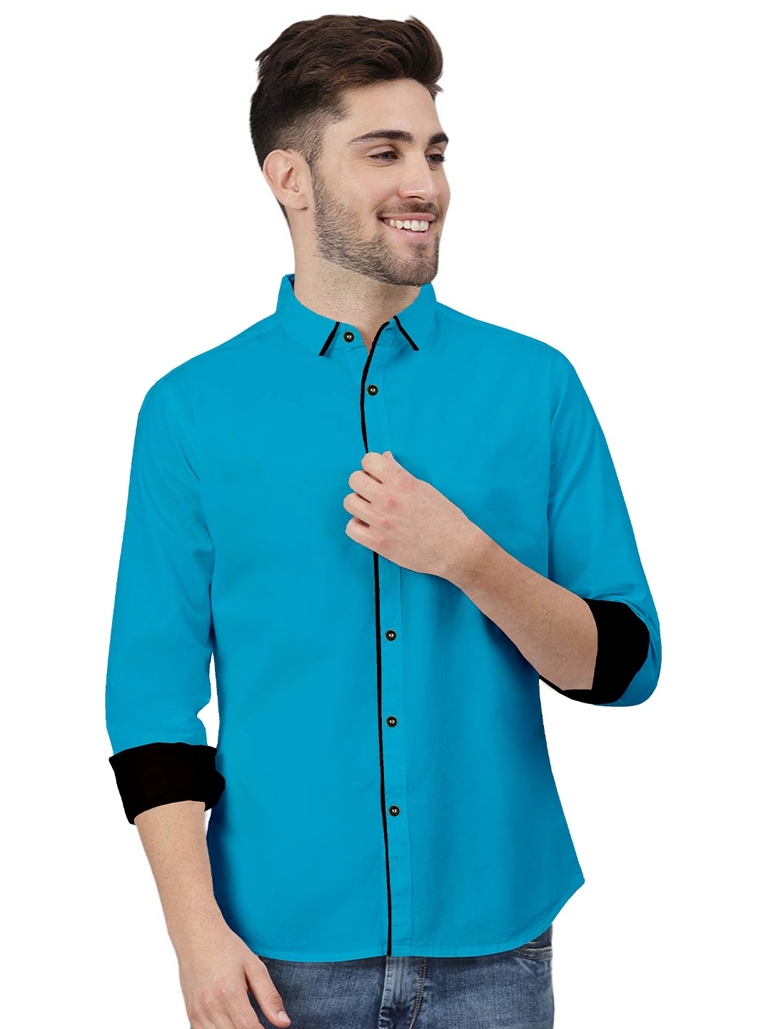 

ETHNIC TRENDZ Standard Fit Slim Collar Twill Pure Cotton Casual Shirt, Turquoise blue