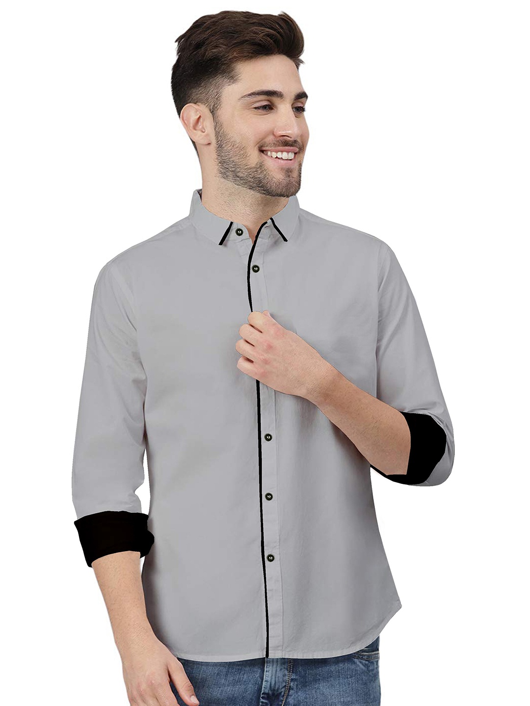 

ETHNIC TRENDZ Standard Fit Slim Collar Twill Pure Cotton Casual Shirt, Grey