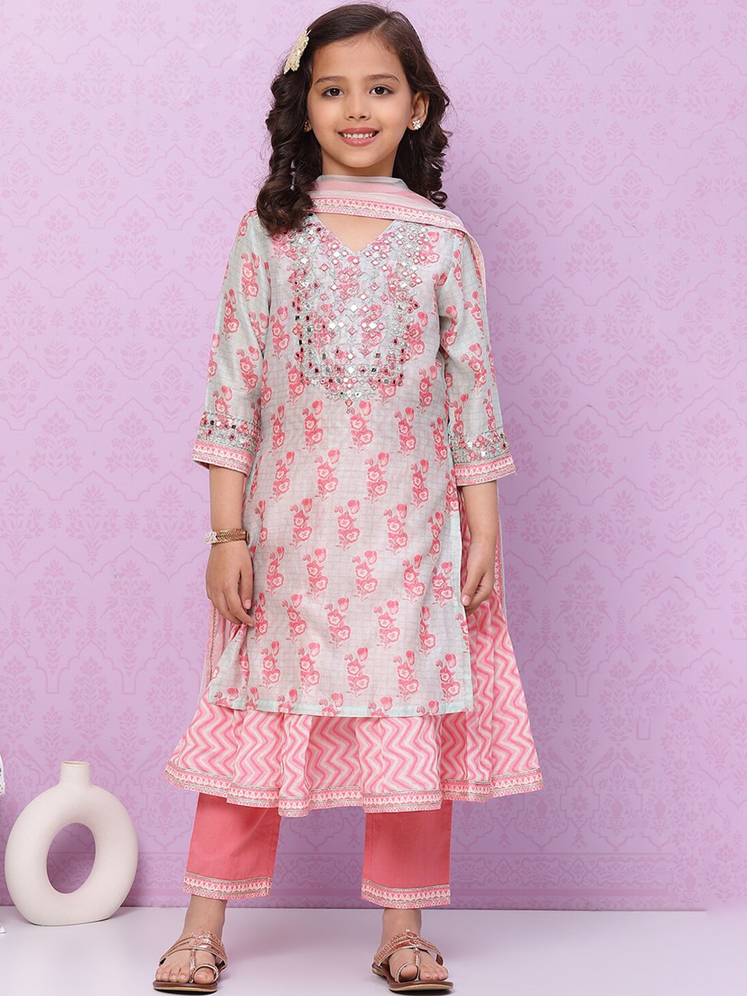 

Biba Girls Floral Printed Layered Mirror Work Kurta With Trousers & Dupatta, Blue