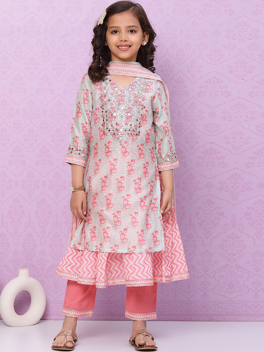 

Biba Girls Floral Printed Mirror Work Regular Kurta With Trousers & Dupatta, Blue
