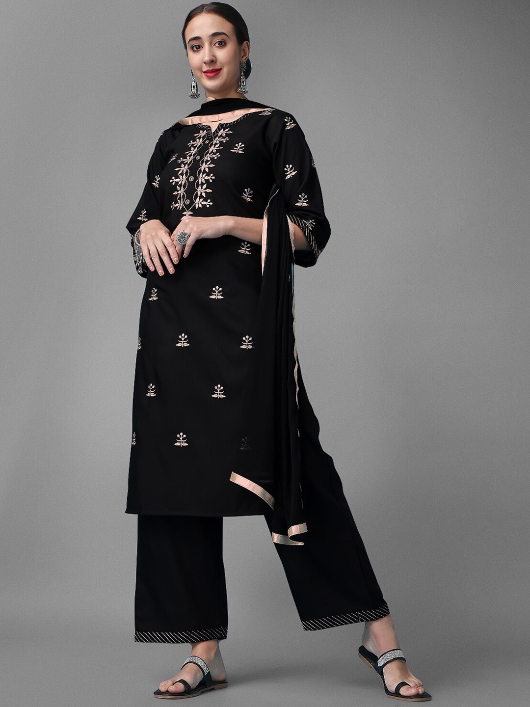 

KALINI Ethnic Motifs Embroidered Kurta & Trousers With Dupatta, Black