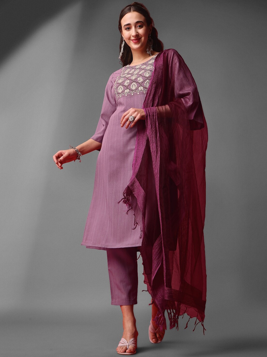 

KALINI Ethnic Motifs Yoke Design Kurta & Trousers With Dupatta, Purple