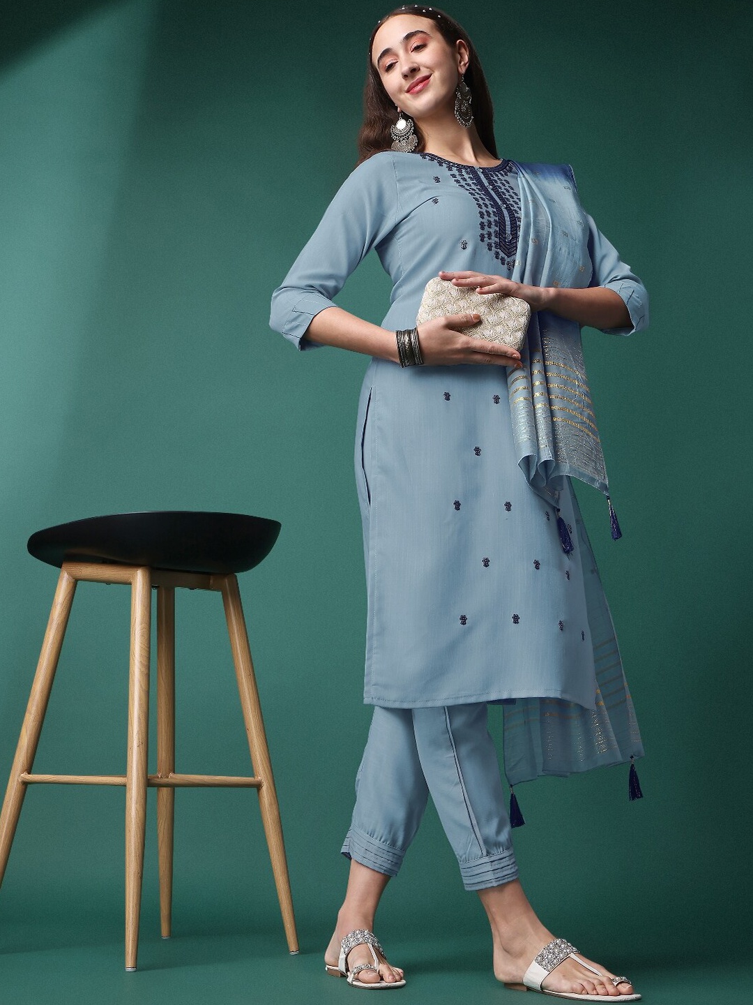 

KALINI Ethnic Motifs Printed Kurta & Trousers With Dupatta, Grey