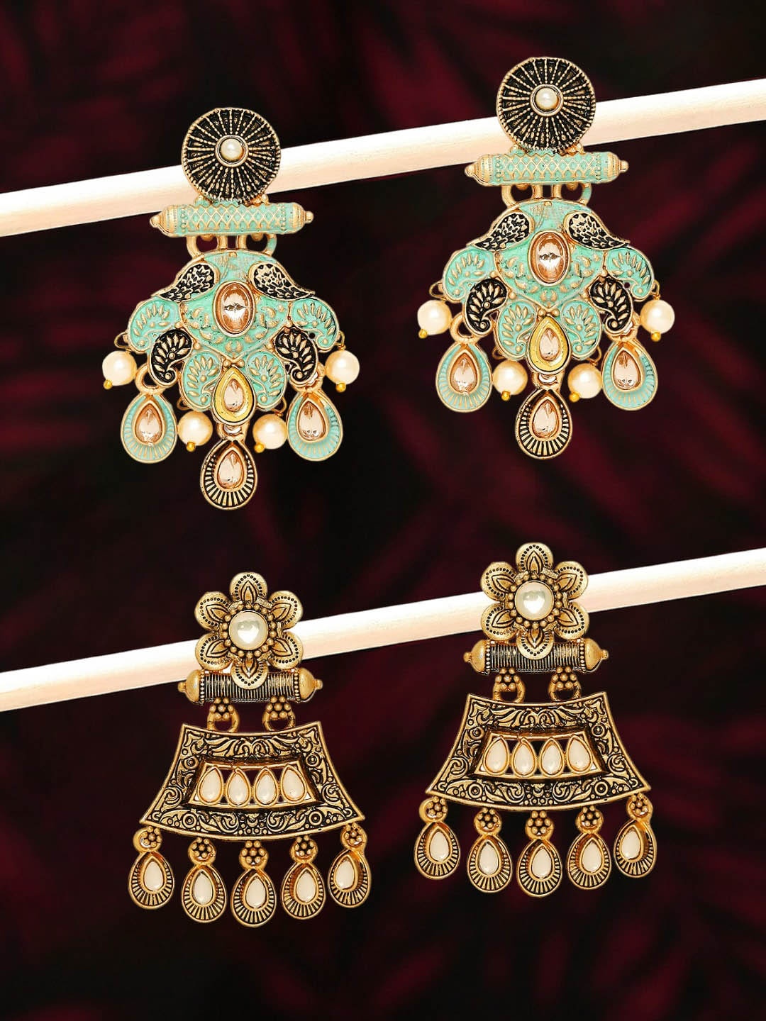 

OOMPH Set of 2 Floral Drop Earrings, Gold