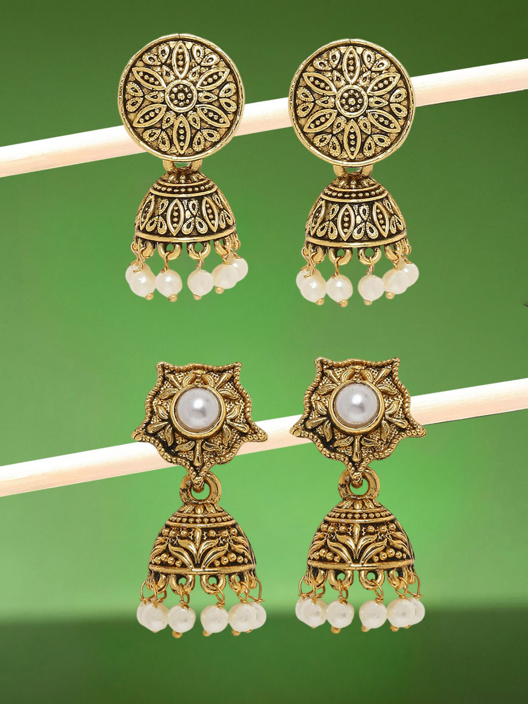 

OOMPH Set Of 2 Artificial Beads Studded Antique Jhumkas Earrings, Gold