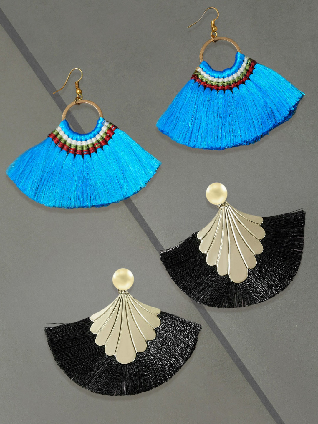 

OOMPH Set Of 2 Circular Tassel Drop Earrings, Blue
