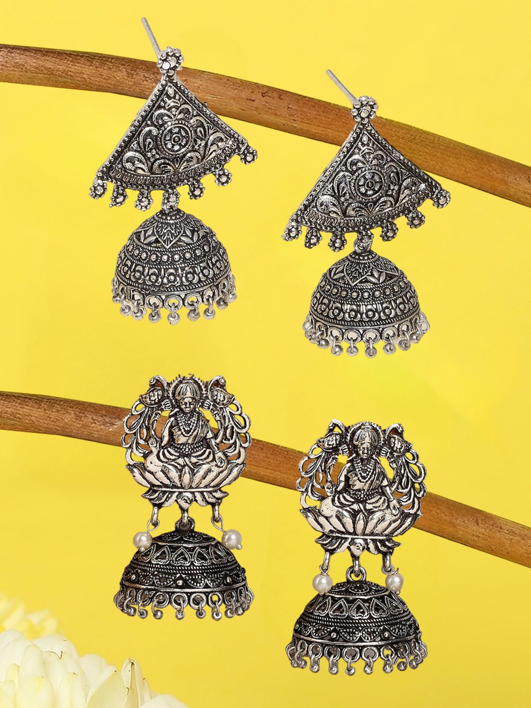 

OOMPH Set Of 2 Artificial Beads Contemporary Jhumkas, Silver
