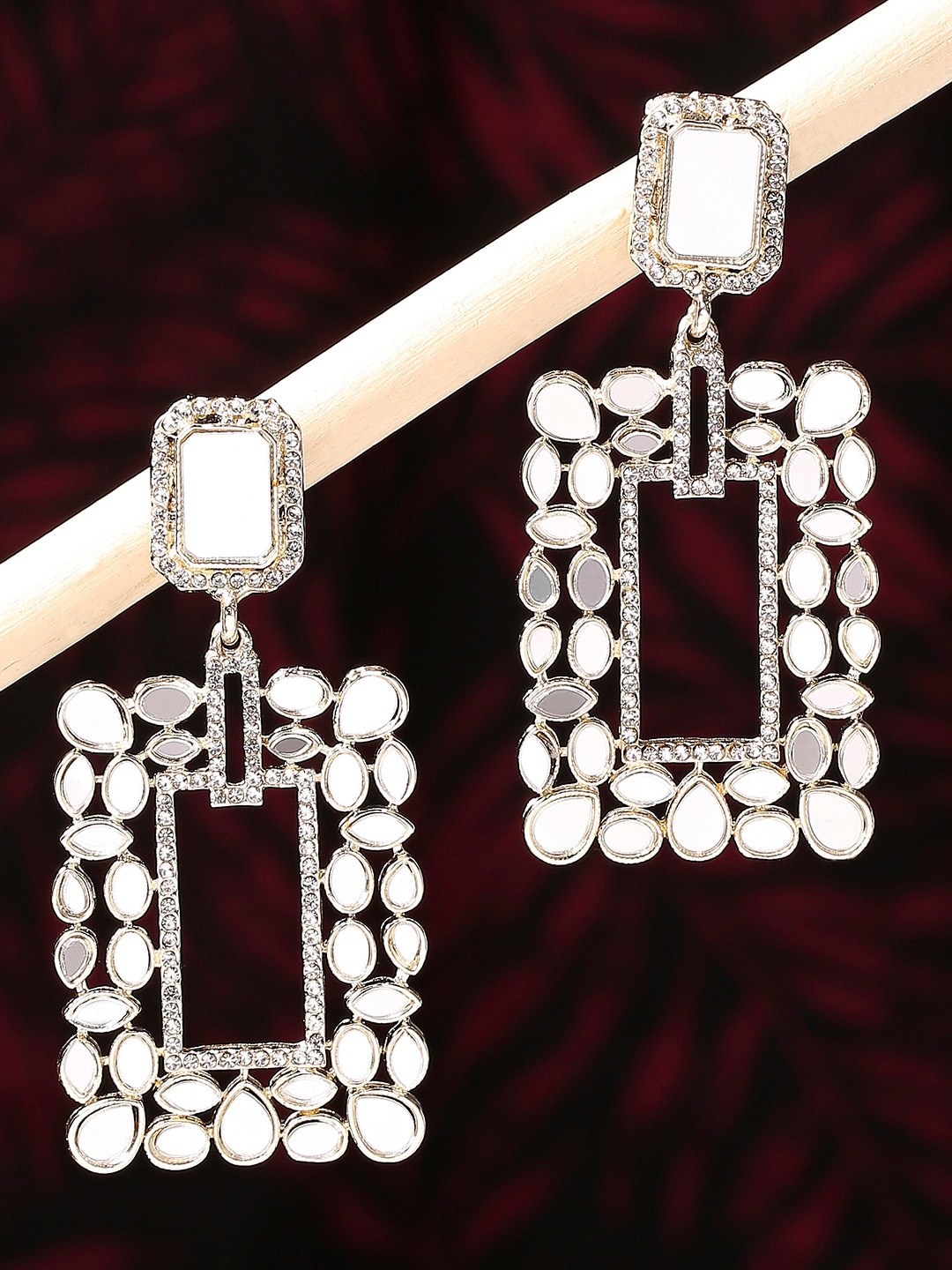 

OOMPH Gold-Plated Rectangle Shaped Mirror Kundan Detail Drop Earrings
