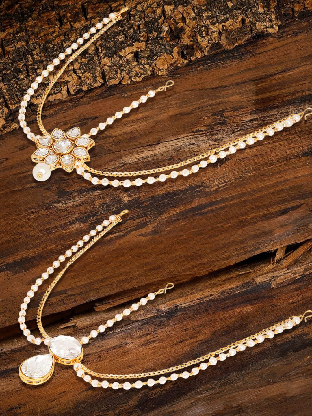 

OOMPH Set Of 2 Gold-Plated Stone Studded & Beaded SheeshPhool
