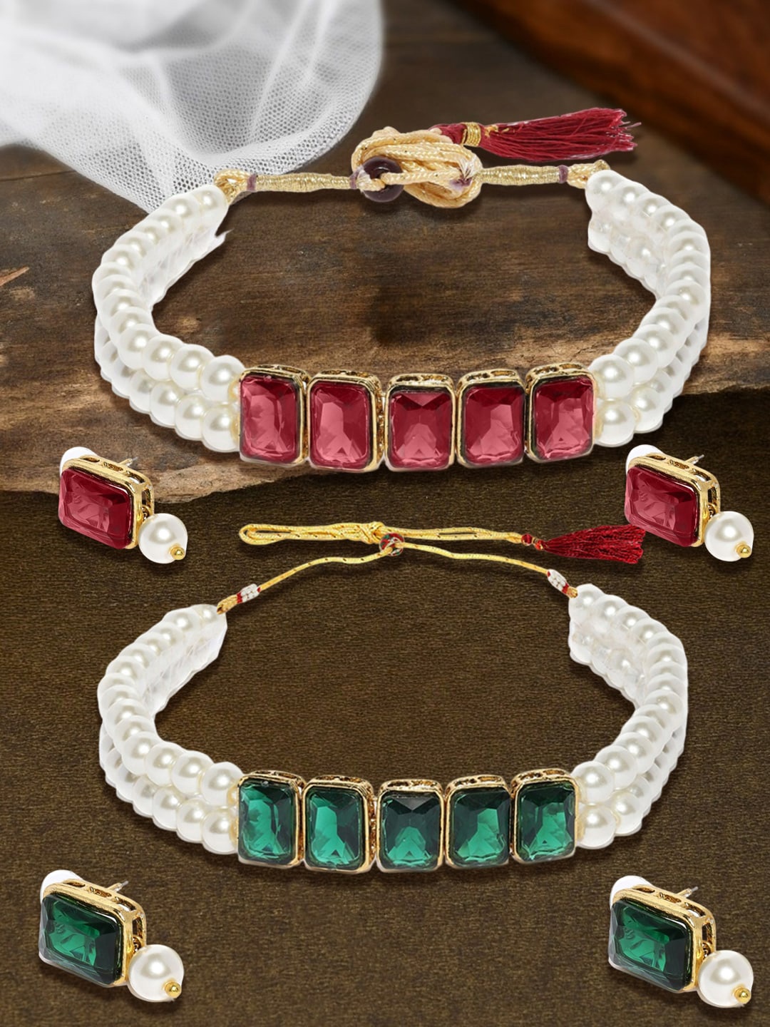

OOMPH Set of 2 Beaded & Studded Necklace & Earrings, Gold