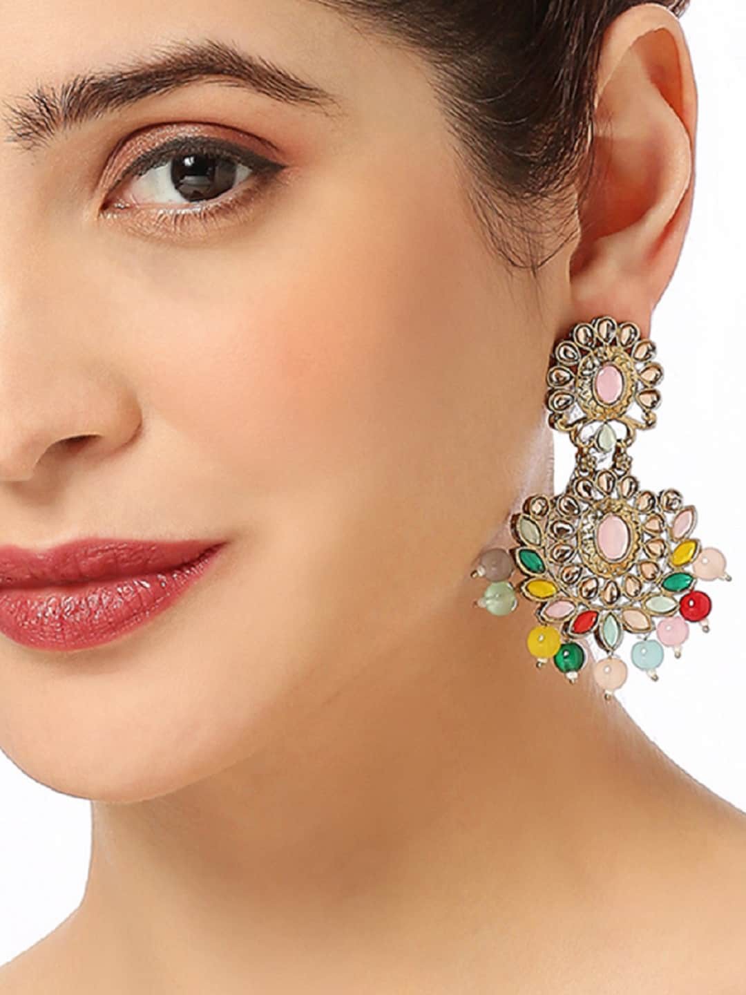 

OOMPH Floral Kundan Drop Earrings, Silver