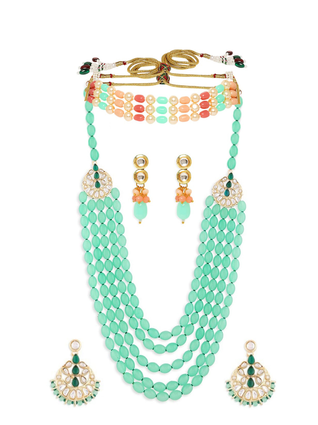 

OOMPH Beads Pearls Rani Haar Long Necklace Set with Drop Earrings, Pink