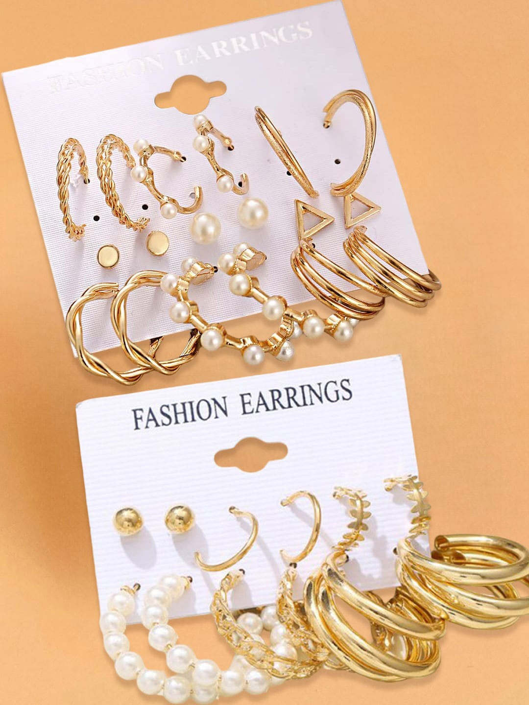 

OOMPH Pack Of 15 Gold-Toned Pearl Floral Studs & Half Hoop Earrings
