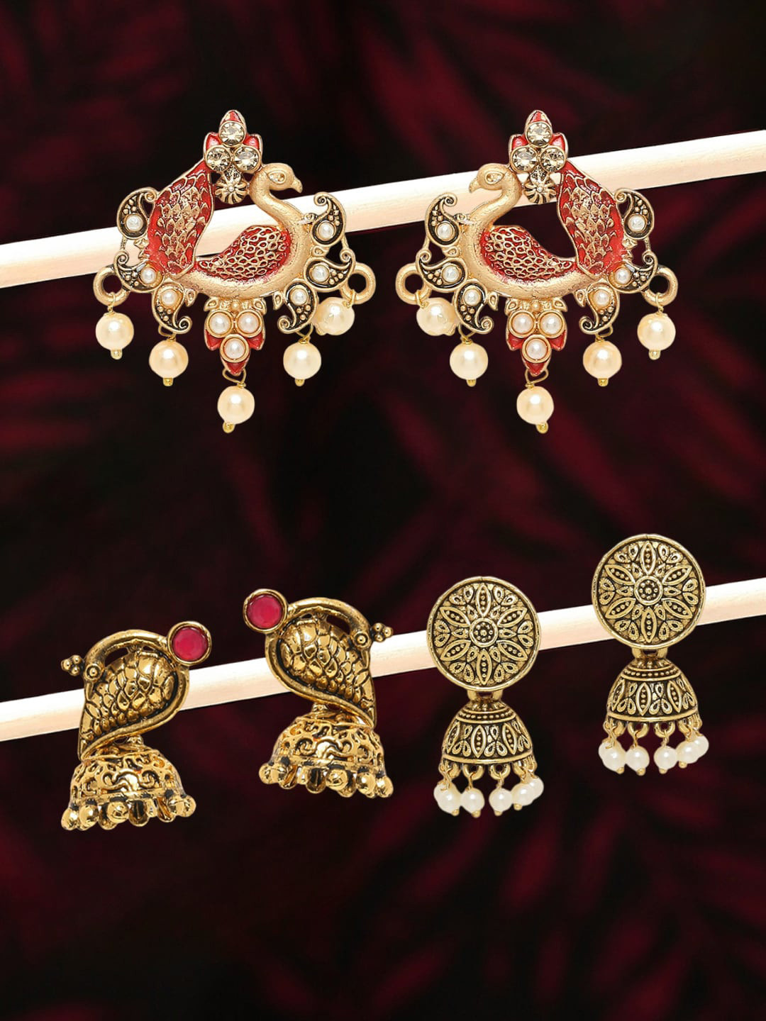 

OOMPH Set Of 3 Gold-Plated Peacock Shaped Earrings
