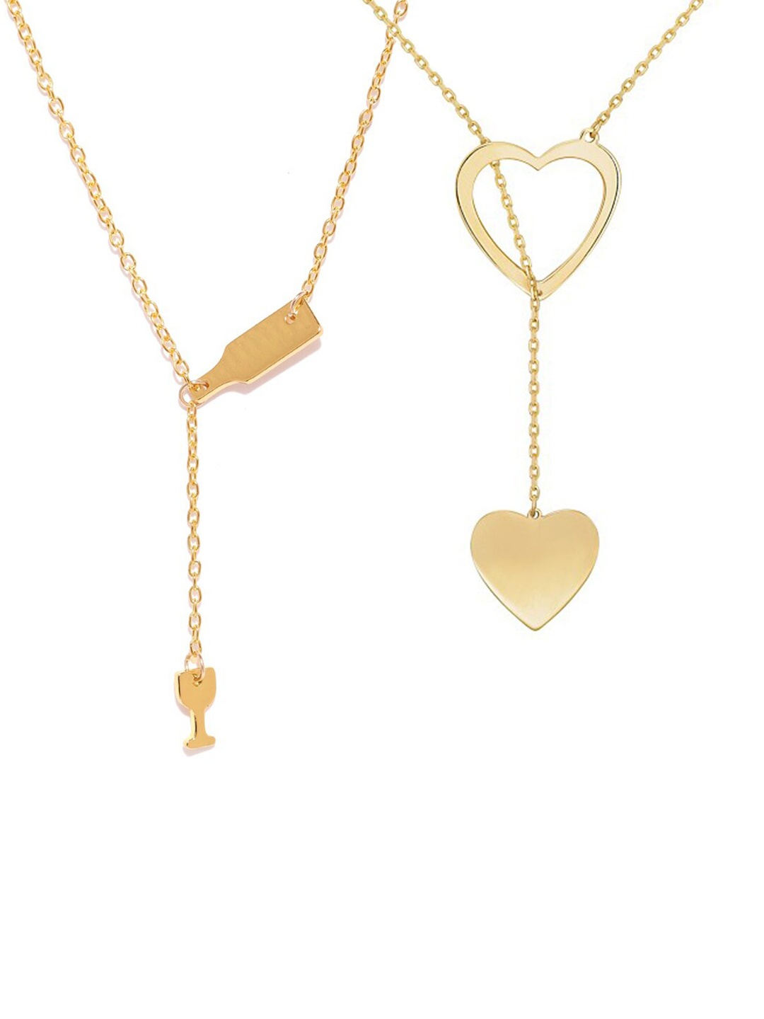 

OOMPH Set of 2 Gold Tone Wine Glass & Heart Lariat Delicate Fashion Necklaces