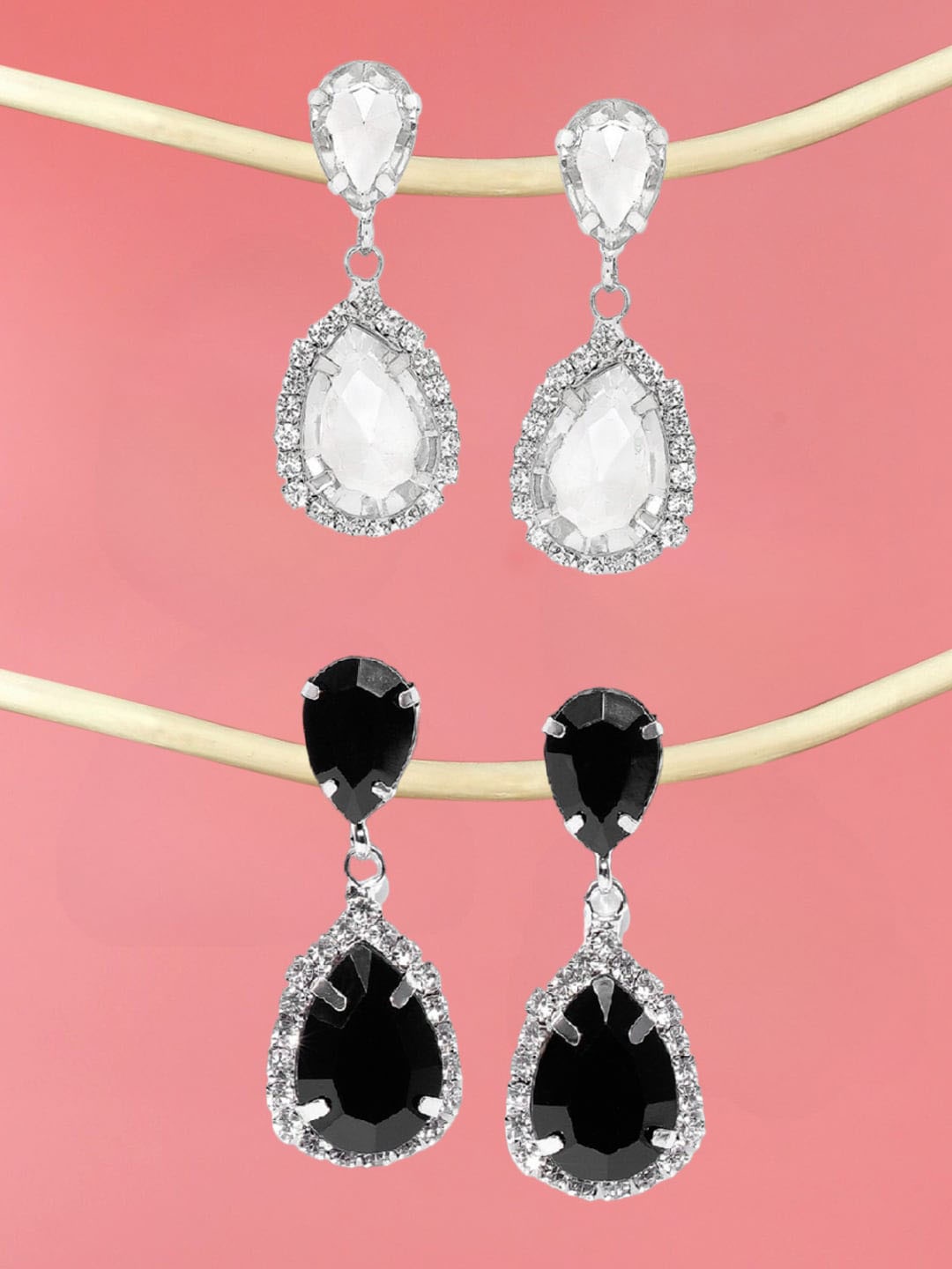 

OOMPH Set Of 2 Silver-Plated Teardrop Shaped CZ Studded Drop Earrings