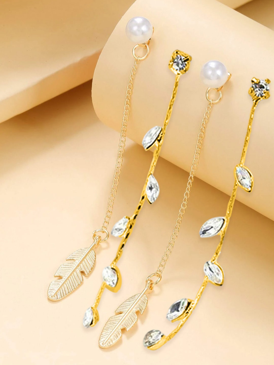 

OOMPH Set Of 2 Artificial Stones Leaf Shaped Drop Earrings, Gold
