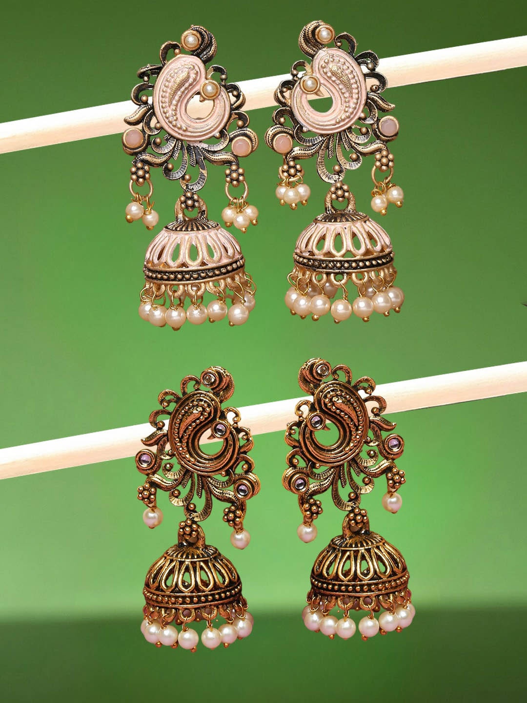 

OOMPH Set of 2 Gold-Plated Peacock Shaped Stone Studded & Beaded Jhumkas Earrings