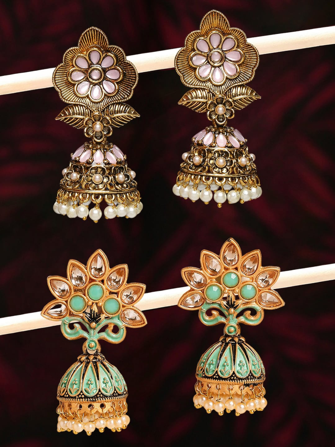 

OOMPH Set Of 2 Gold Plated Floral Jhumkas