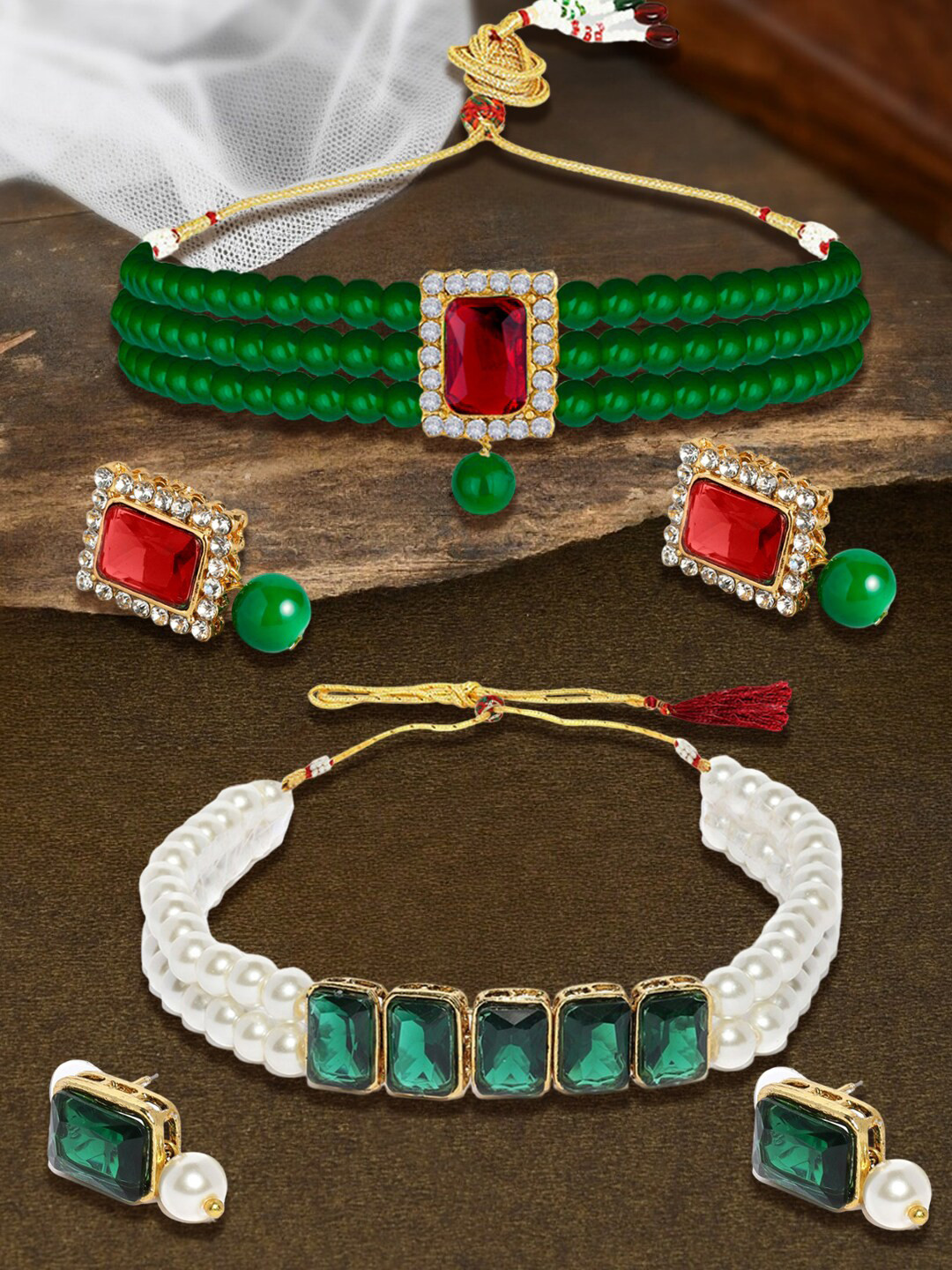 

OOMPH Set Of 2 Artificial Stones & Beads Studded Jewellery Set, Green