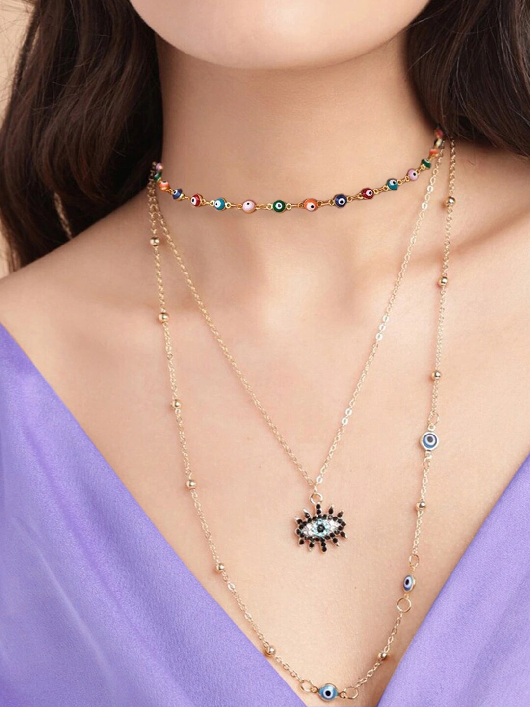 

OOMPH Set of 2 Evil Eye Beads Choker Necklaces, Gold