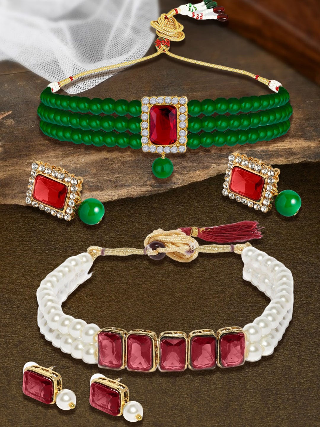 

OOMPH Set Of 2 Stones & Pearls Ethnic Choker Necklace & Earrings, Gold