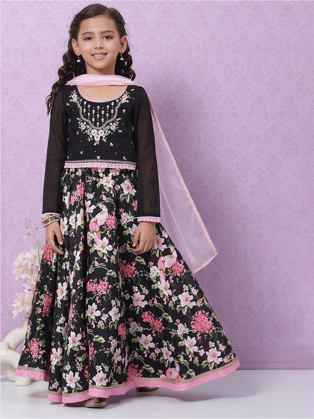 

Biba Girls Printed Ready to Wear Lehenga & Blouse With Dupatta, Black