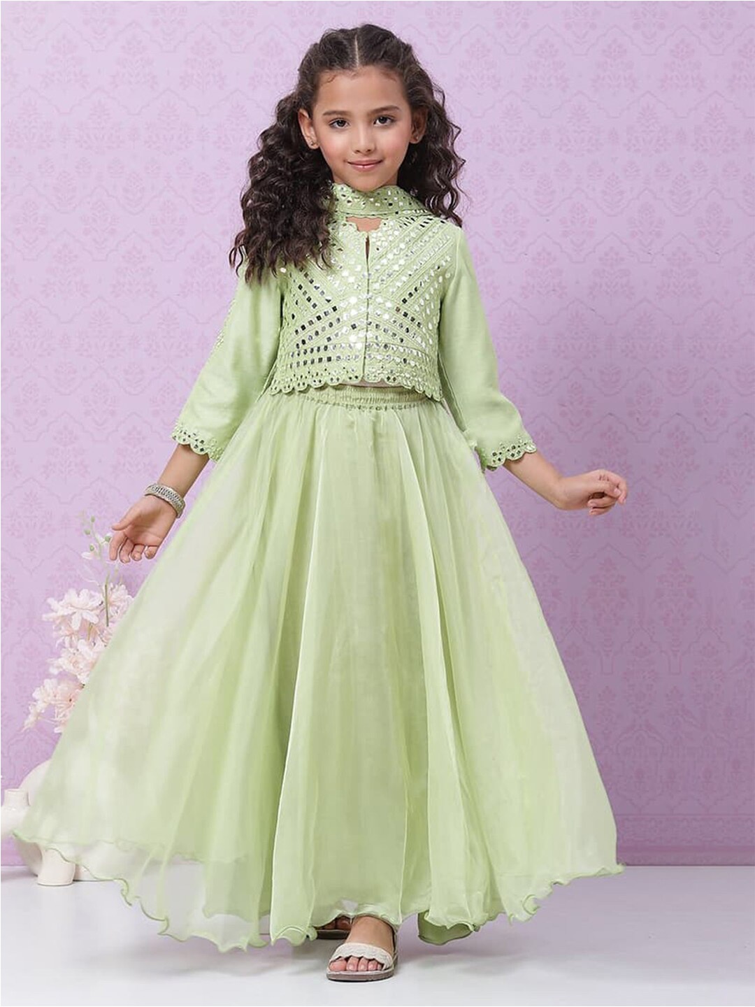 

Biba Girls Embroidered Mirror Work Shibori Ready to Wear Lehenga & Blouse With Dupatta, Lime green