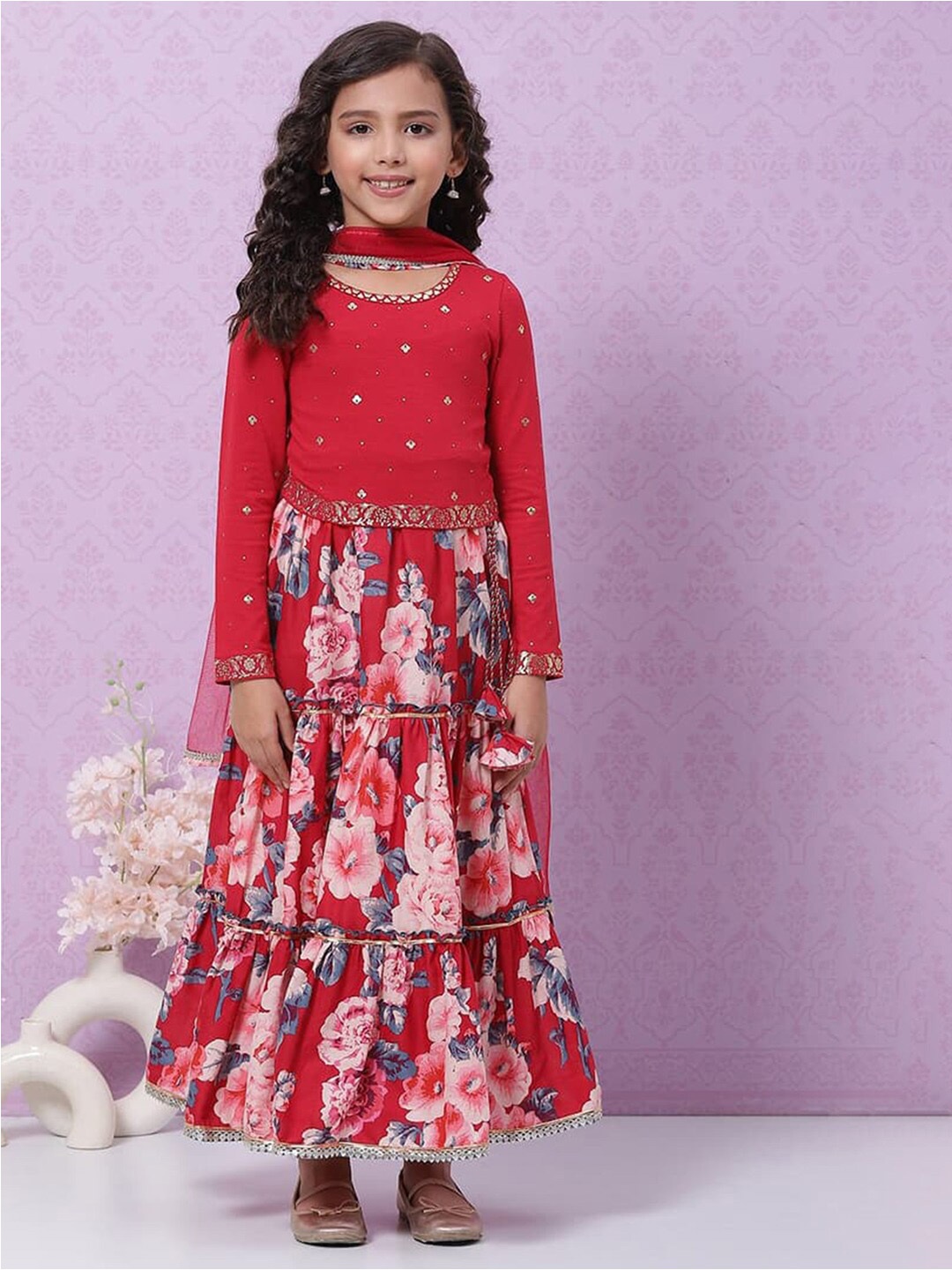 

Biba Girls Printed Ready to Wear Lehenga & Blouse With Dupatta, Red