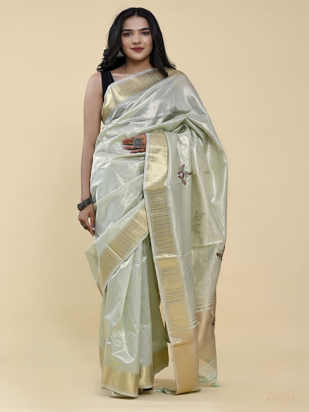 

elora Woven Design Zari Bhagalpuri Saree, Sea green