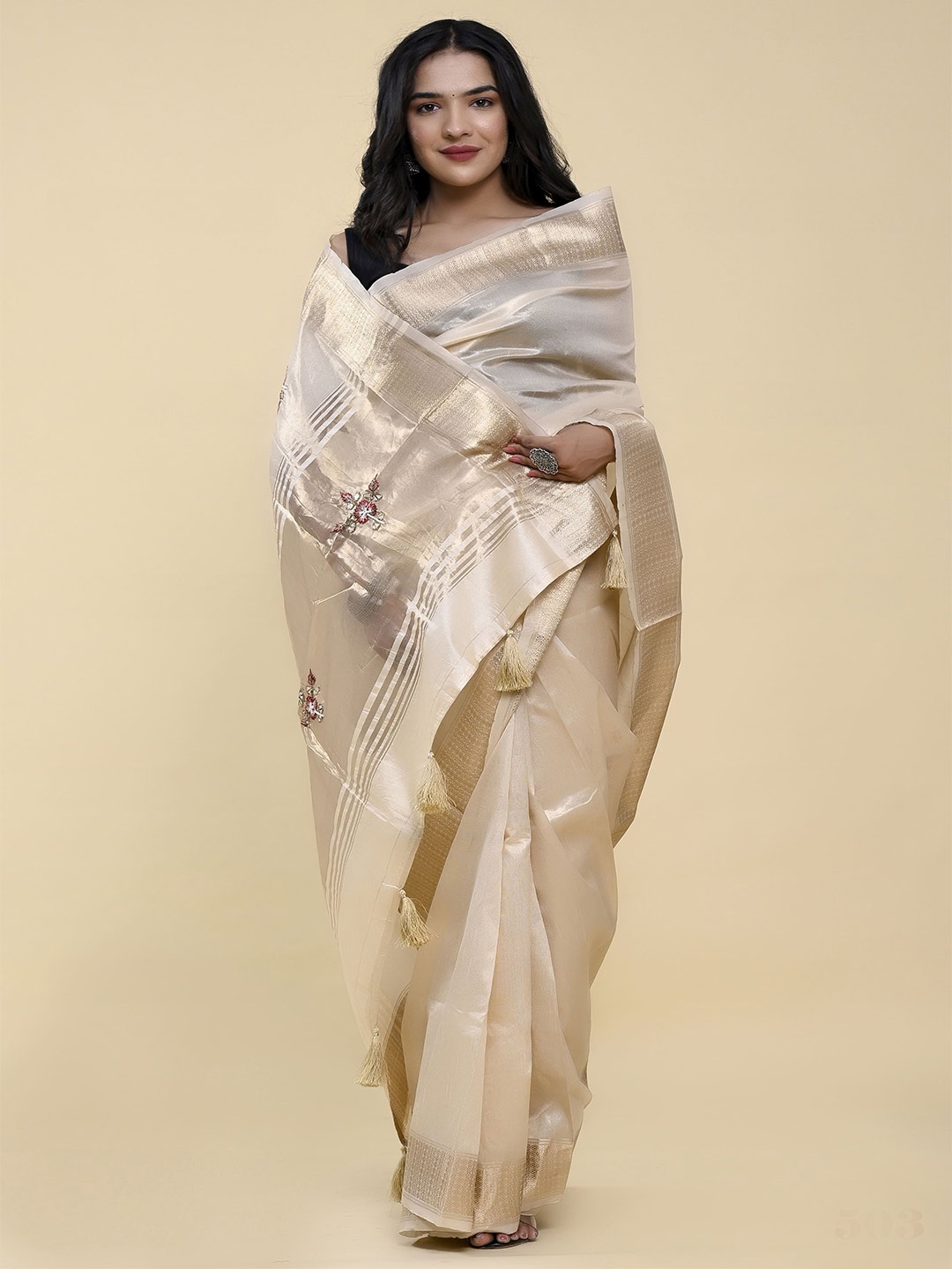 

elora Woven Design Bhagalpuri Saree, Cream