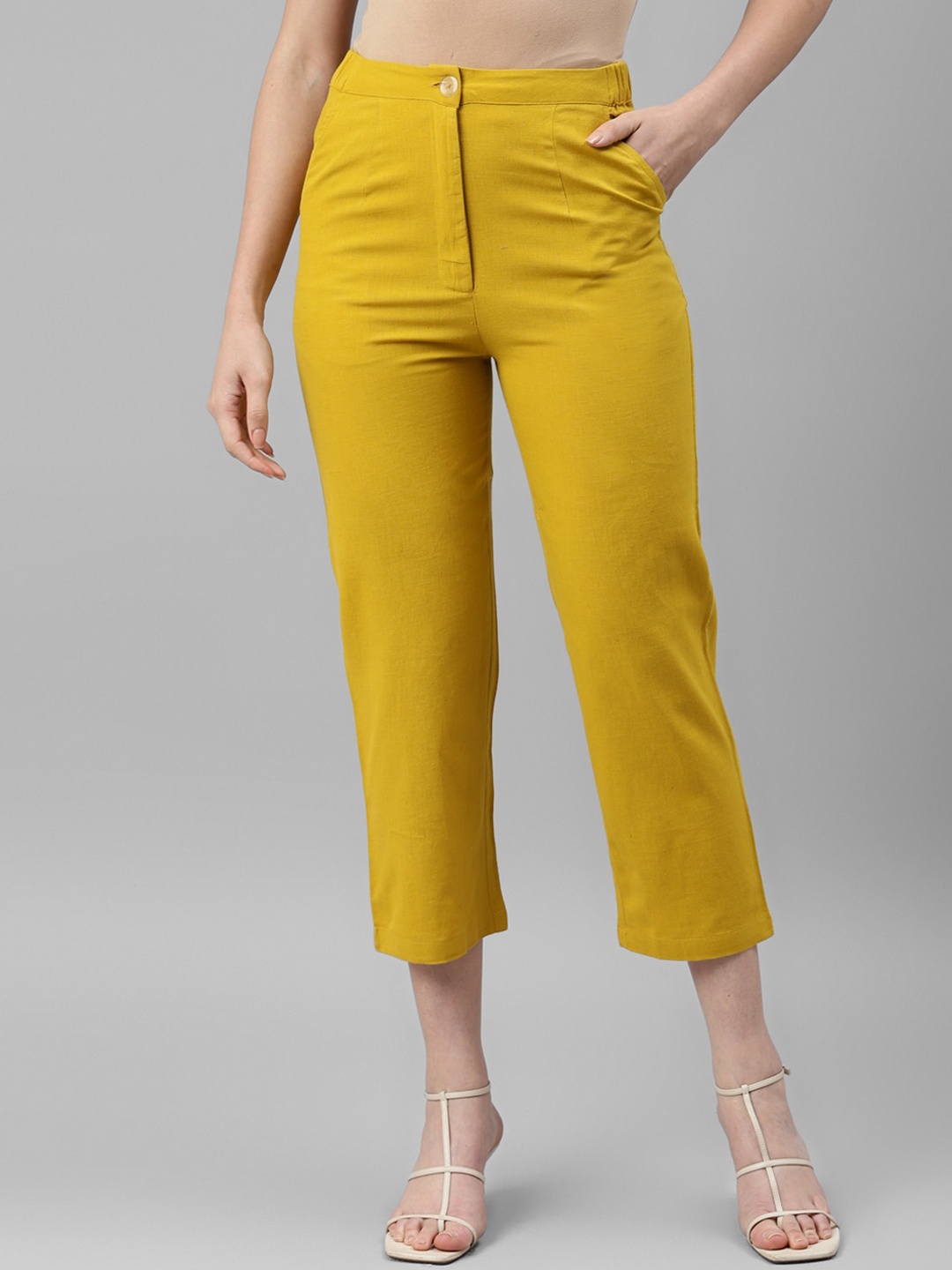 

DEEBACO Women Pencil Slim Fit High-Rise Trousers, Mustard